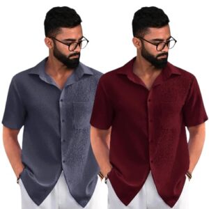 Pinkmint Combo of Men's Regular Fit Popcorn Shirt Half Sleeve Spraed Collar Shirt (Pack of 2)