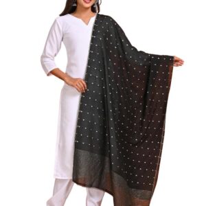 HELLA FASHIONS Women’s 2.4 Meter Premium Chanderi Dupatta in Black – Zari Boota, Stripes & Scallop Lace Edges | Perfect for Special Occasions