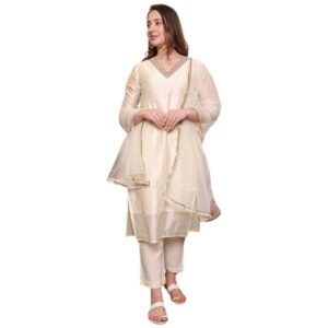 FABIAN FASHION Women's Solid Embroidred Chanderi Kurta, Pant and Dupatta Set.(ES_7539)