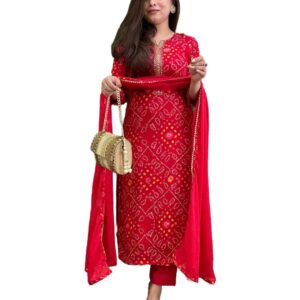GoSriKi Women's Rayon Blend Straight Bandhej Printed Kurta with Pant & Dupatta