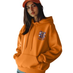 JUNEBERRY® Cotton Poly Fleece Oversized Fit Black, Green, Magenta, Mustard, Orange, Purple, Blue, Off White & Grey Graphic Printed Full Sleeve Hoodie for Women