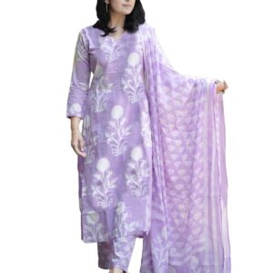 ANNI DESIGNER Women's Cotton Blend Printed Straight Kurta with Pant & Dupatta