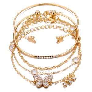 Shining Diva Fashion Set of 5 Stylish Multilayer Crystal Bangle Gold Plated Bracelet for Women and Girls (Golden) (13073b), One Size