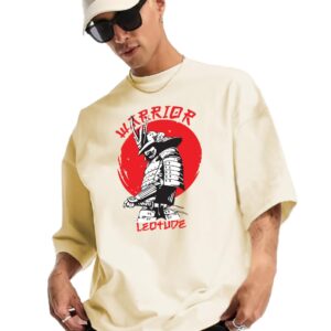LEOTUDE Half Sleeve Oversized Printed T-Shirt for Men, Round Neck Longline Drop Shoulder | Printed T-Shirt (Beige Color)