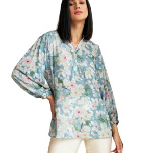 Leriya Fashion Women's Rayon Floral Printed Shawl Collared Neck Fancy Regular Fit Shirt Style Western Top for Girls Long Cuff Sleeves Shirt for Office Party Travel Outing Holidays Wear Tunic