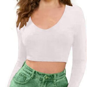 Dream Beauty Fashion Women's Full Sleeve V-Neck Crop Top (T-Baati White-M)