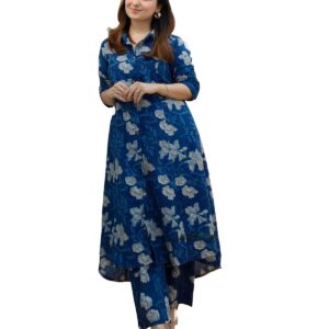 Arayna Women's Cotton Floral Printed Co-ord Set - Straight Kurta Palazzo Pants, Blue