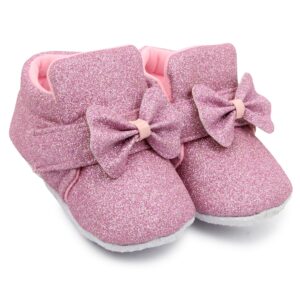 Neska Moda 6 To 12 Months Baby Girls Cotton Hook & Loop Bow Booties -BT1766