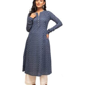 FIORRA Women's Floral Printed Navy Blue Cotton A-Line Kurta