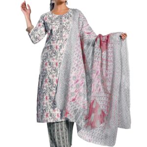 MIRCHI FASHION Women's Straight Fit Pure Cotton Jaipuri Floral Printed Pipe Beads Mirror Embroidered Kurta Set with Dupatta and Trouser