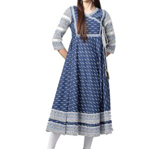 Yash Gallery Women's Cotton & Cotton Slub Ikat Printed Anarkali Kurta (Black)