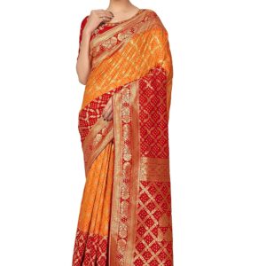 Monjolika Fashion Women's Woven Silk Saree With Blouse Piece (45197_Light Orange, Red)
