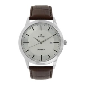Titan Classic Silver Dial Analog with Date Leather Strap watch for Men-NS1584SL03