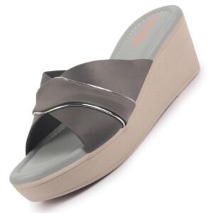 FAUSTO Women's Silver Lining Open Toe Cross Strap Wedge Slip On Sandal With Cushioned Footbed|Sandal For Party|Festive|Wedding