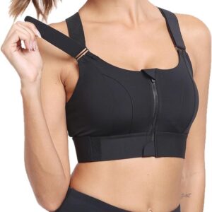 PLUMBURY Women's Padded Front Zip Plus Size Full Coverage High Support Velcro Adjustable Sports Bra for Workout Gym, Size M to 3XL