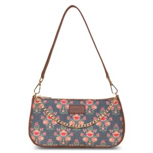 ZOUK Floral Printed Women's Handcrafted Vegan Leather Dark Blue Casual Mini Shoulder Bag