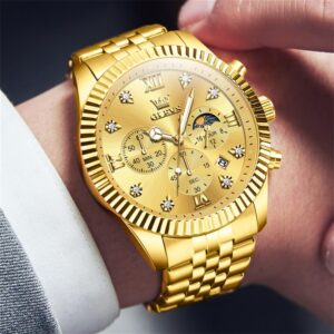OLEVS Watch for Men Analog Quartz Stainless Steel Moon Phase Calendar Chronograph Diamond Watches Waterproof Wrist Watch Luminous