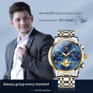 OLEVS Men's Business Watch Gold Blue with Large Easy-Read Analog Quartz Date Display Luxury Stainless Steel Band Waterproof Luminous Hands