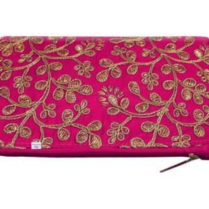 Heart Home Womens Hand Purse|Embroidery Stylish Silk Small Wallet Purse with Back Side Zip (Pink)