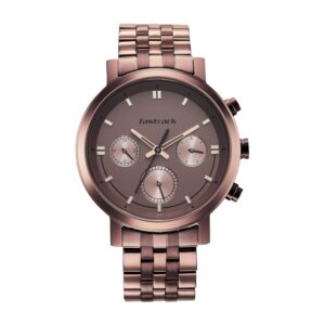 Fastrack Mens Tick Tock Quartz Multifunction Brown Dial Metal Strap Watch for Guys-NS3287QM01