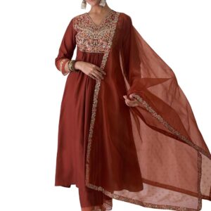 INDO ERA Women's Silk Blend Floral Embroidered A-line Kurta Palazzo with Dupatta Set