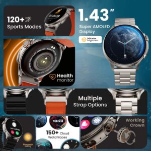 Boult Newly Launched Crown R Pro Smart Watch 1.43''HD AMOLED, Bluetooth Calling, Working Crown, Zinc Alloy Frame, 600 Nits Brightness, AI Voice Assistant, SpO2 Monitoring, 120+ Sports Mode (Jet Black)