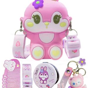 FunBlast Bunny Sling Bag with Key Ring, Comb and Mirror – silicone Mini Bag for Girls, Fancy Bag for Girls, Purse, Stylish Cross Body Bag with Adjustable Strap, Korean Bag for Girls