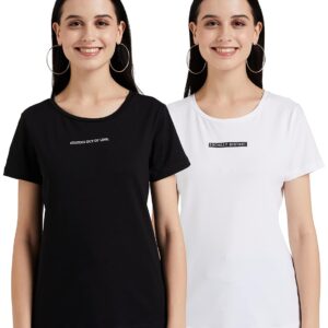 Amazon Brand - INKAST Women's Cotton Stretch Half Sleeve Round Neck Regular Fit T-Shirt (Pack of 2)