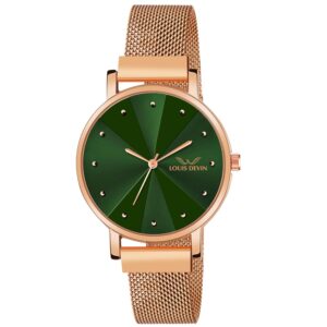 LOUIS DEVIN Rose Gold Plated Mesh Chain Analog Wrist Watch for Women (Blue/Green/Brown/Black Dial) | LD-RG173