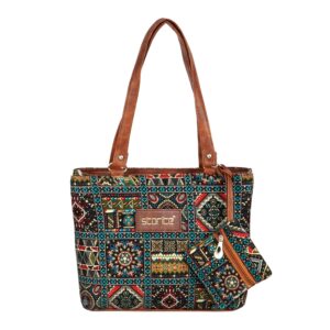 Storite Women's Tote Bag With Leather Handles & Embroidery Printed Handbag With Zip Pockets, Shoulder Tote Bag And Handbag For Office And College (30x25x9.5Cm), Multicolor