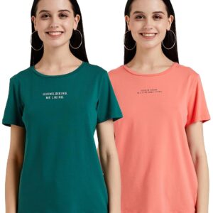 Amazon Brand - INKAST Women's Cotton Half Sleeve Round Neck Regular Fit T-Shirt (Pack of 2)