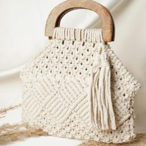 LOVE N BEYOND Handmade Macrame Women Fashion Bag Boho Cotton Handbag With Wooden Handle