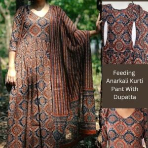 ASSUME FAB Women Viscose Rayon Anarkali Maternity and Nursing Kurta Set with Dupatta - Brown Floral and Geometric Pattern, 3/4 Sleeves, Comfortable Fit