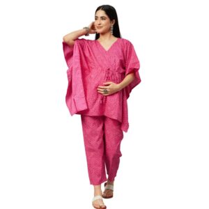 Aaheli Women's Cotton Printed Maternity Kaftan Top with Pant Set, Pink