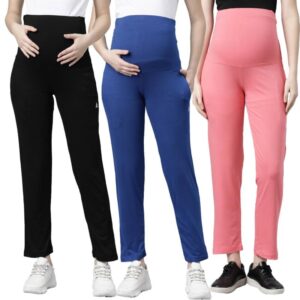 ANKKAL Womens Cotton 2 Pieces Viscose Maternity Trouser/Maternity Pant/Over Belly Design Pant/Pregnancy Pant with Elastic Waistband(3combo)
