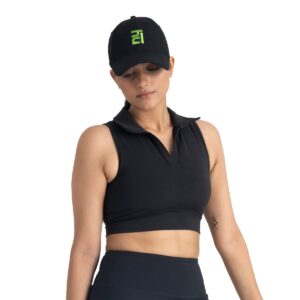 HUNNIT 2 in 1 Sports Bra Crop Top for Women| Polo Neck Racerback Sports Bra| Medium Coverage| Lightly Padded Slip On Bra| Stretchable Sports Bra for Gym Workout| Sweat Wicking Fabric