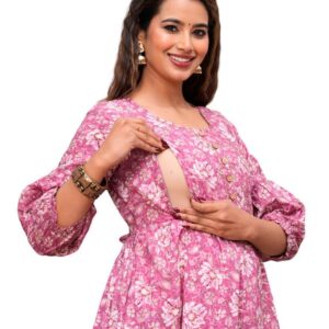 JAIPURFAME Maternity Feeding Kurti with Zipper | Cotton Floral Printed Pregnancy & Nursing Dress | Comfortable & Stylish Maternity Wear for Women | Breastfeeding Kurta with Zipper | Soft & Elegant