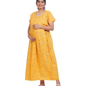MENMAII Women's Zipless (L to 4XL) One Piece Maternity & Feeding Dress/Gown/Nighty| 100% Cotton with a Side Pocket | Calf/Full Length/for Pregnancy & Nursing