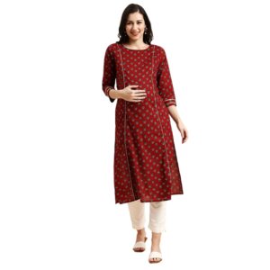 MomToBe Women's Cotton Maternity Kurti/Pregnancy Dress/Easy Breastfeeding Dress/Western Dress with Zippers for Nursing Pre and Post Pregnancy