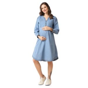 MomToBe Women's Denim Maternity Dress/Pregnancy Dress/Easy Breastfeeding Dress/Feeding Dress/Western Dress with Zippers for Nursing Pre and Post Pregnancy