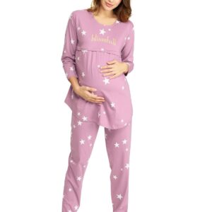 LOTIK Women's Cotton Star Print Maternity & Feeding Nightsuit Set