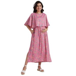 DUMMY SHAPE Maternity Gown for Women | Feeding Poncho Nighty with Attached Cape & Dual Nursing Zippers & Side Pockets for Pre & Post Partum | Pregnancy Gifts