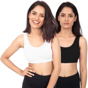 DChica Sports Bra for Women, Cotton Non-Padded Full Coverage, Wire-Free T-Shirt Gym Workout Bra with Regular Broad Strap, Training Bra for Young Women (Pack of 2) Printed/Solid Bras