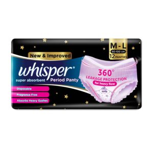 Whisper Super Absorbent Period Panty, 12 M-L Pants, 360 Degree Leakage Protection for Heavy Flow, Panty like Fit for Full back Coverage, Absorbs Heavy Gushes, Silky Soft, Comfortable Feel