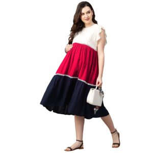 MomToBe Women's Rayon Knee Length Maternity Dress/Feeding Dress/Pregnancy Dress/Fit & Flare Western Dress with Zippers for Pre and Post Pregnancy
