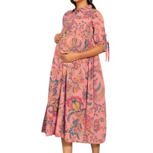 Janasya Women's Peach Cotton Floral Gathered Maternity Dress