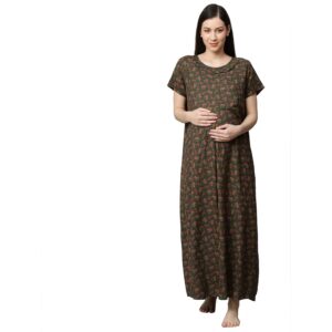 MomToBe Women's Cotton Blend Maxi Maternity Nighty/Feeding Nighty/Pregnancy Night Gown/A-Line Nursing Nighty with Zippers for Nursing Pre and Post Pregnancy - Floral Print
