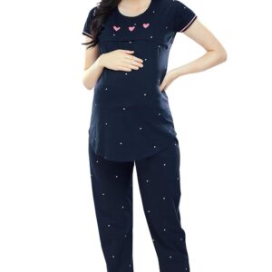 ZEYO Women's Cotton Dot Printed Maternity & Feeding Night Suit Set Of Top & Relaxed Pyjama Nursing Night Dress 5330