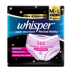 Whisper Super Absorbent Period Panty, 6 M-L Pants, 360 Degree Leakage Protection for Heavy Flow, Panty like Fit for Full back Coverage, Absorbs Heavy Gushes, Silky Soft, Comfortable Feel