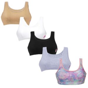 DChica Sports Bra for Women & Girls, Cotton Non-Padded Full Coverage Beginners Non-Wired T-Shirt Gym Bra with Regular Broad Strap, Activewear Printed Training Bra for Teenager Kids (Pack of 5) Purple